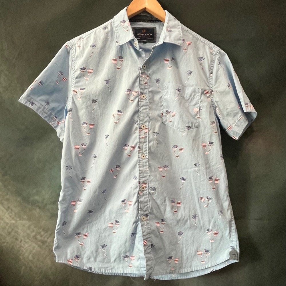 Nickel & Iron Mens Blue Patriotic American Flag Palm Tree‎ Short Sleeve Shirt M